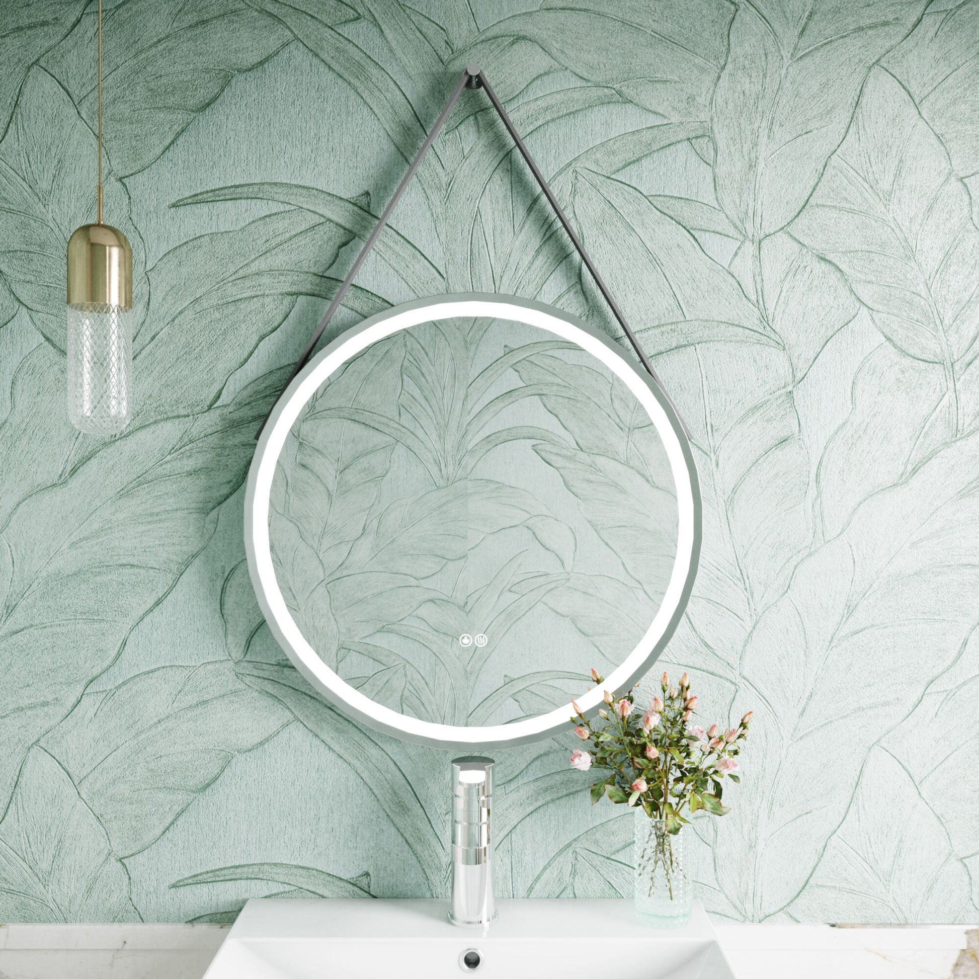 [BMFR713] Quixhill Round LED Illuminated Touch Sensor Framed Mirror with Demister & Strap - Choice of Colour and Size - Lifestyle 1