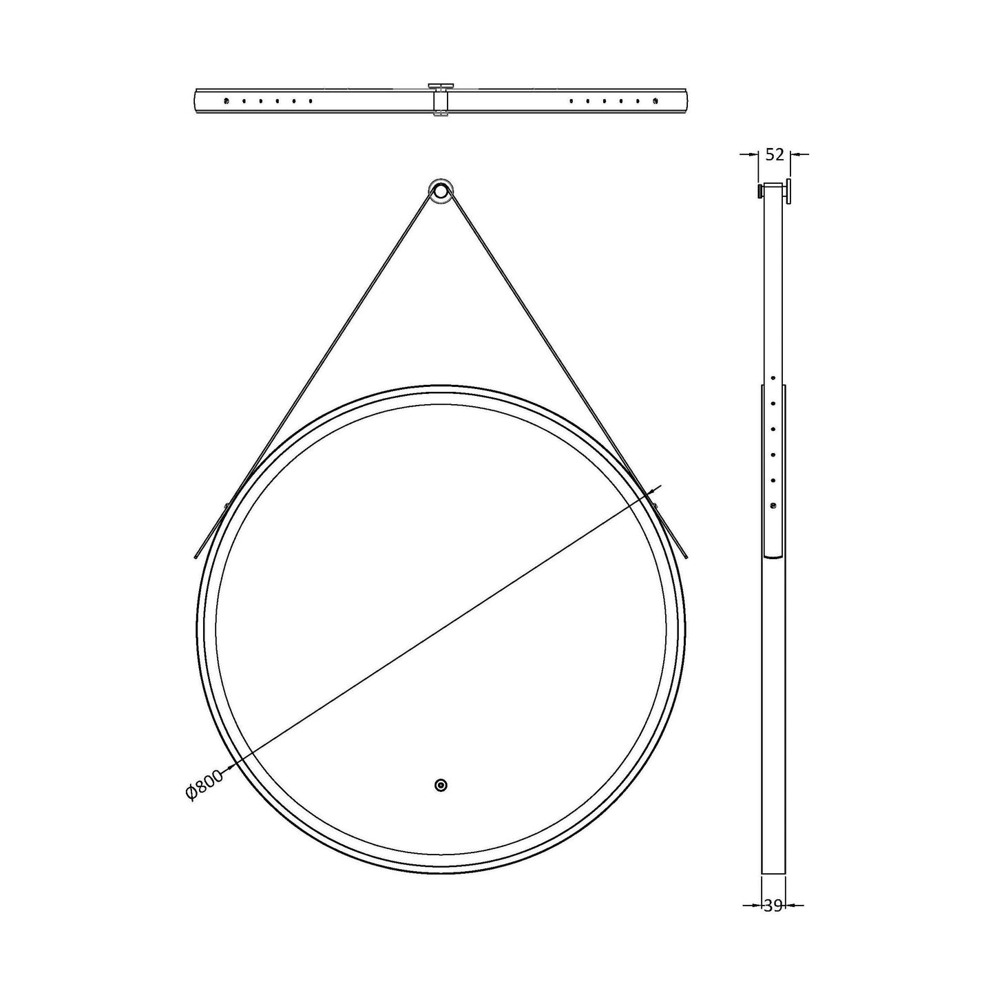 [BMFR721] Quixhill Round LED Illuminated Touch Sensor Framed Mirror with Demister & Strap - Choice of Colour and Size - Technical Drawing