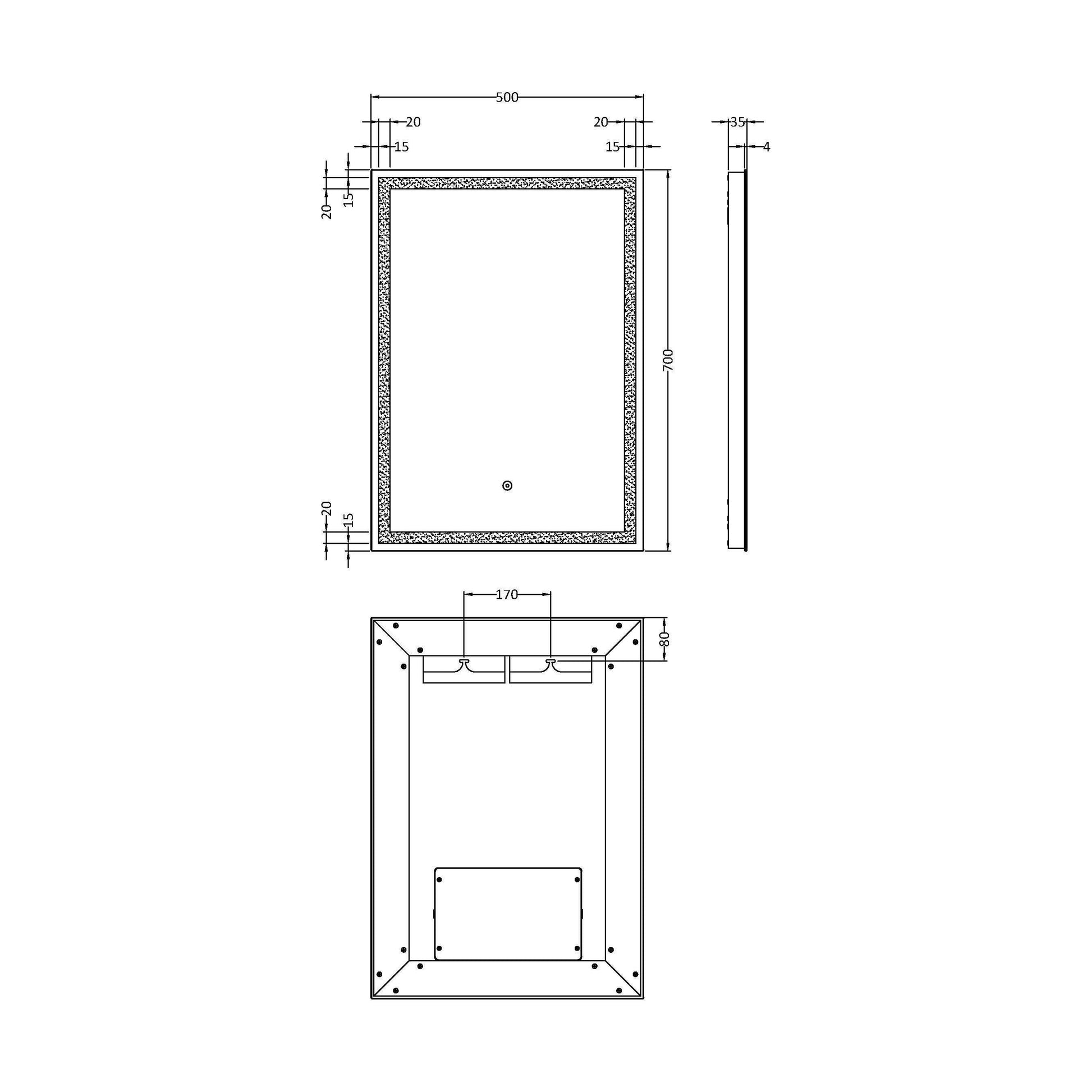 [BMLD502] Talke Rectangular LED Illuminated Touch Sensor Mirror with Demister, 700 x 500mm - Technical Drawing