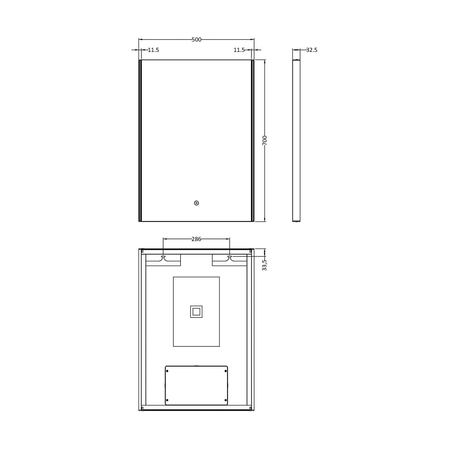 [BMLD503] Talke Minimalist Rectangular LED Illuminated Touch Sensor Mirror with Demister, 700mm x 500mm - Technical Drawing