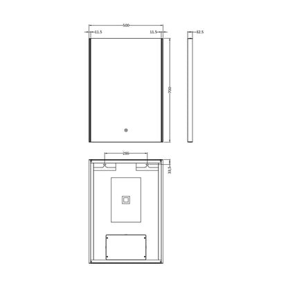 [BMLD503] Talke Minimalist Rectangular LED Illuminated Touch Sensor Mirror with Demister, 700mm x 500mm - Technical Drawing