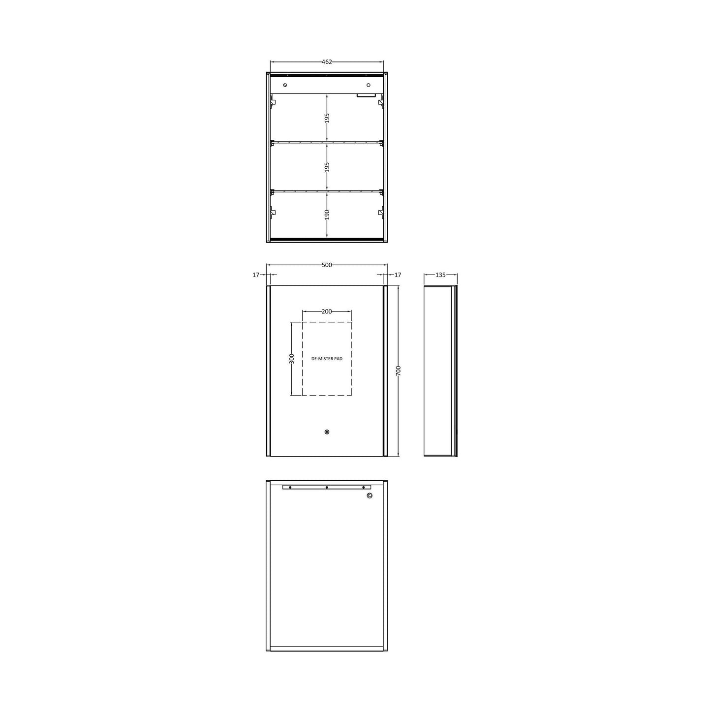 [BMMC093] Talke 1 Door Touch Sensor Mirror Cabinet with Demister & Shaver Socket, 700 x 500mm - Technical Drawing