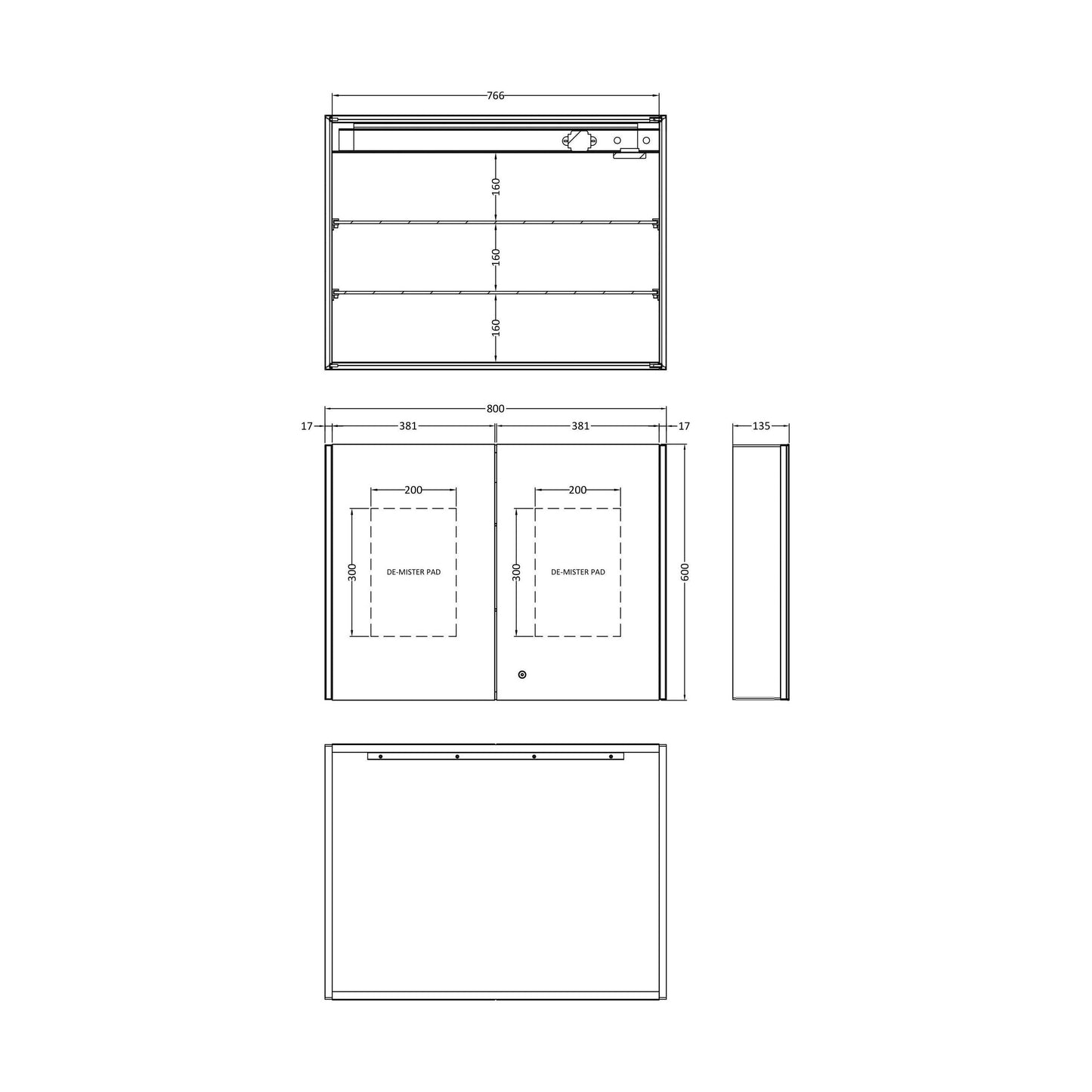 [BMMC094] Talke 2 Door Touch Sensor Mirror Cabinet with Demister & Shaver Socket, 800 x 600mm - Technical Drawing