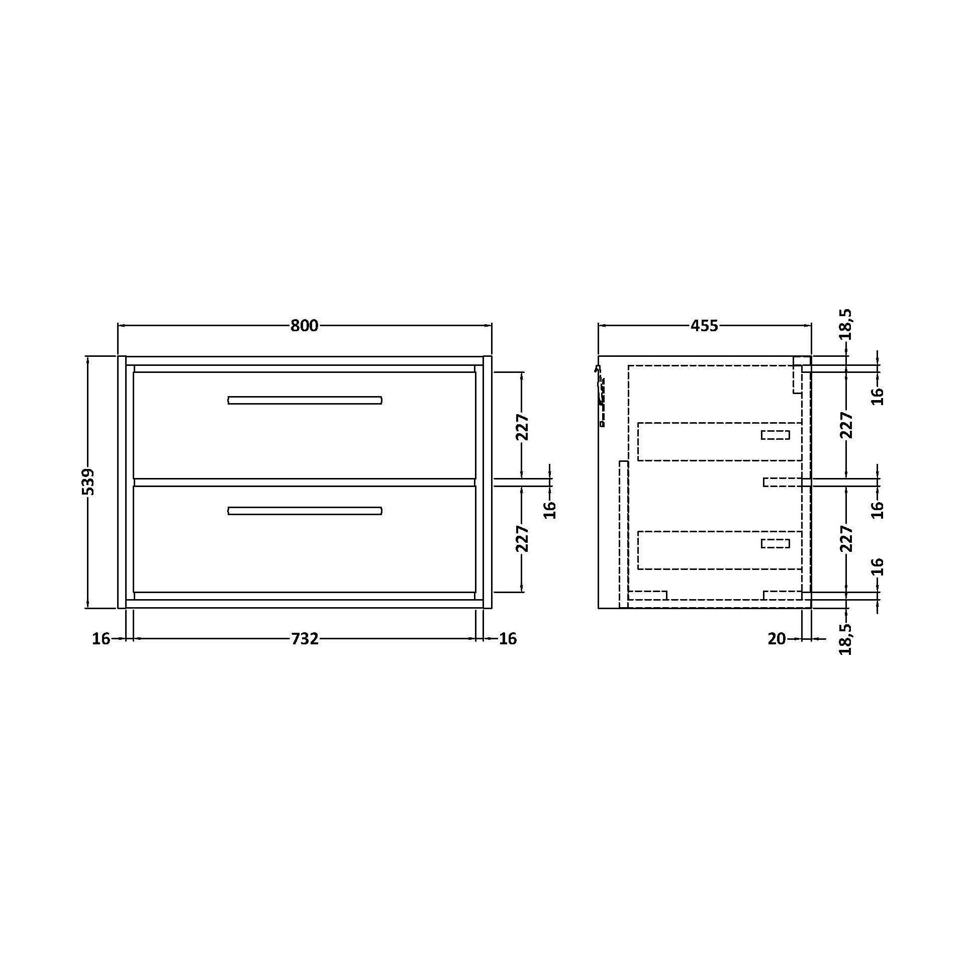 [BNFF2326] 800 WH 2-DRAWER UNIT (455 DEEP) - Technical Drawing