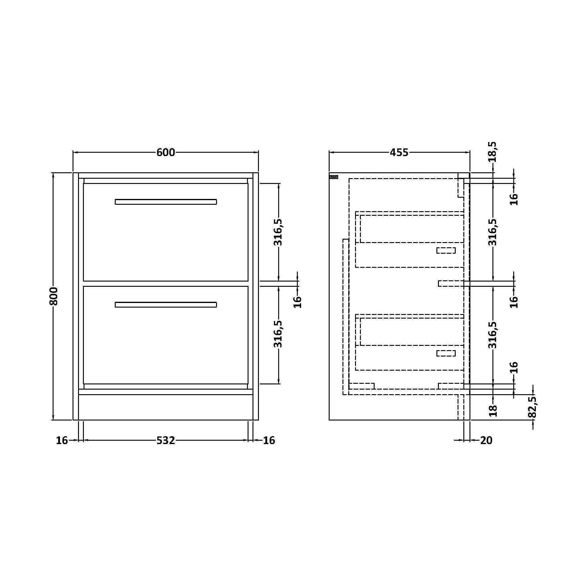 [BNFF2333] 600 FS 2-DRAWER UNIT (455 DEEP) - Technical Drawing