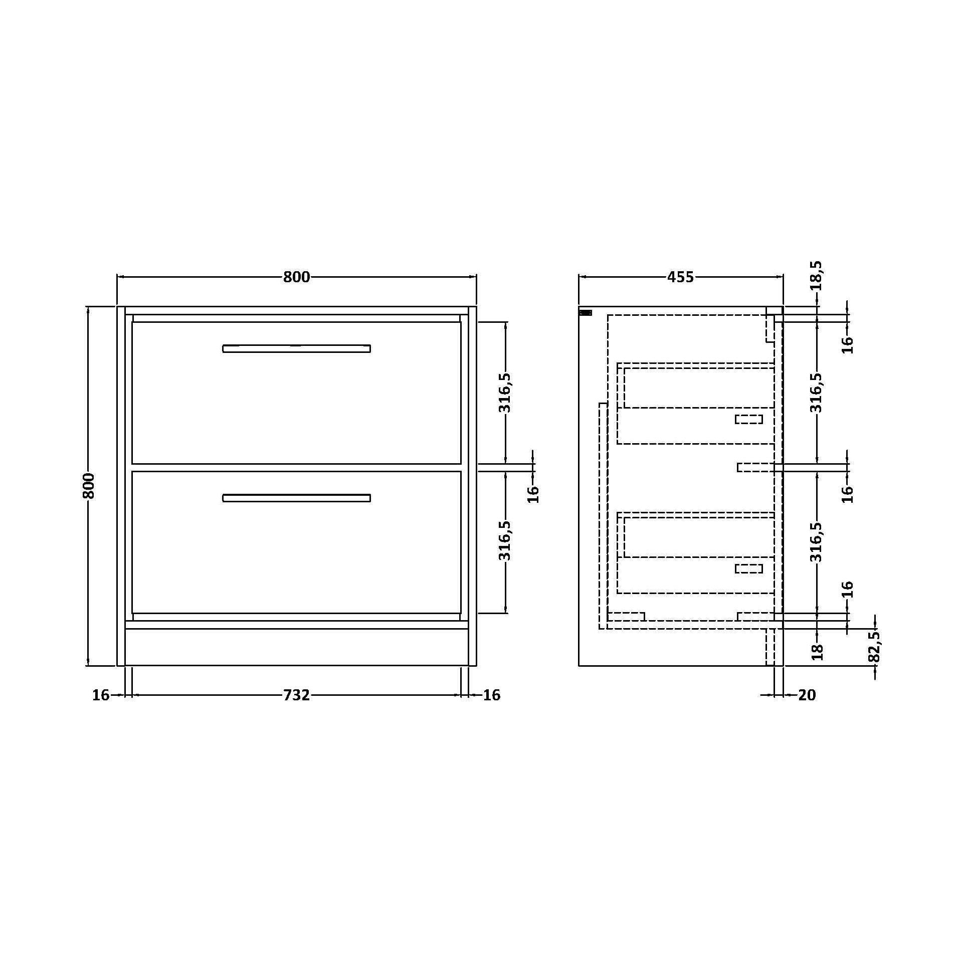 [BNFF2335] 800 FS 2-DRAWER UNIT (455 DEEP) - Technical Drawing