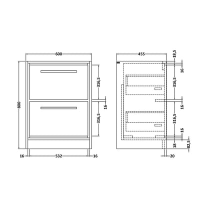 [BNFF3133] 600 FS 2-DRAWER UNIT (455 DEEP) - Technical Drawing