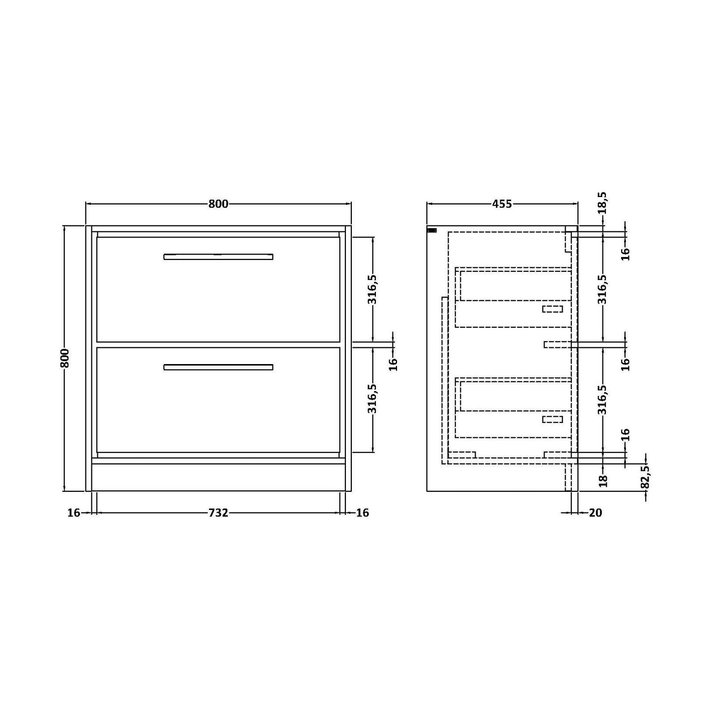 [BNFF3235] 800 FS 2-DRAWER UNIT (455 DEEP) - Technical Drawing