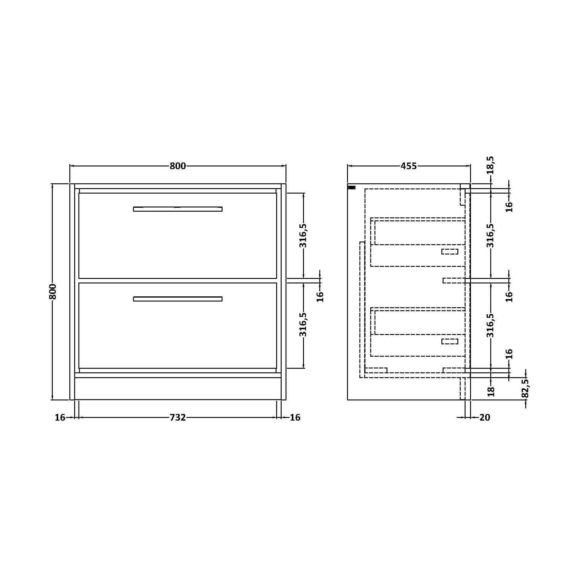 [BNFF3235] 800 FS 2-DRAWER UNIT (455 DEEP) - Technical Drawing