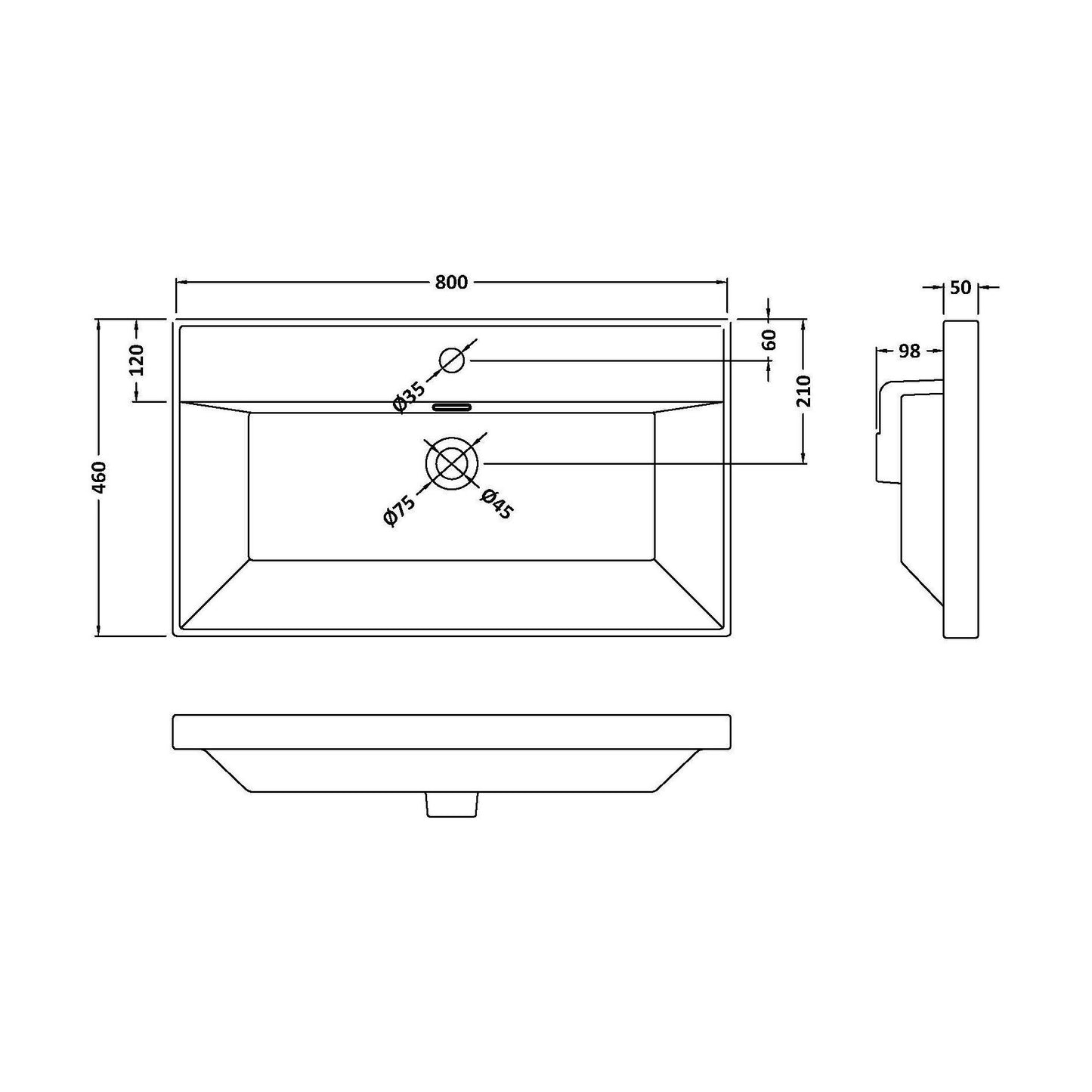 [BNVM065] 810 x 465 Thin-Edge Basin 1TH - Technical Drawing