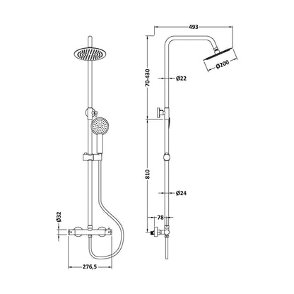 [BRV395E] Balterley Contemporary Round Thermostatic Shower Kit with Fixed Head and Adjustable Handset - Chrome - Technical Drawing