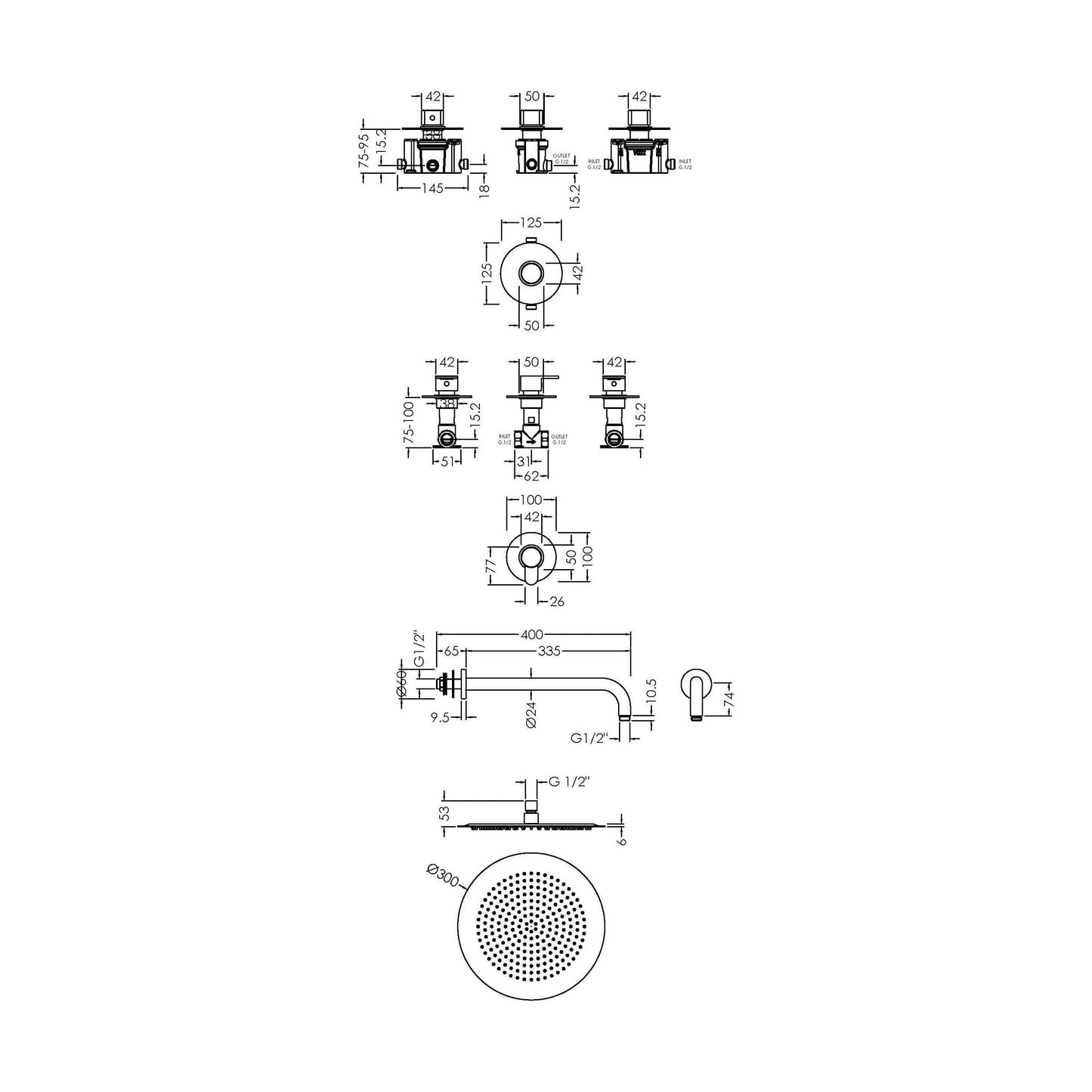 [BSB124ST1] 1 Outlet Luxury Shower Bundle - Stop Tap, Temperature Control, Arm & Head - Chrome - Technical Drawing