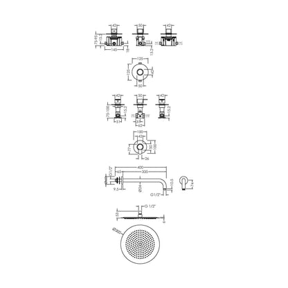 [BSB124ST1] 1 Outlet Luxury Shower Bundle - Stop Tap, Temperature Control, Arm & Head - Chrome - Technical Drawing