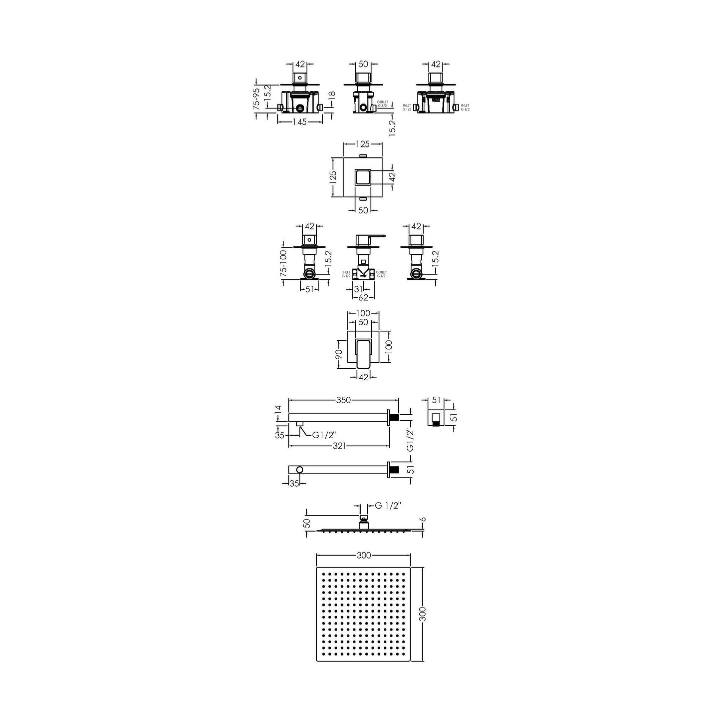 [BSB125ST1] 1 Outlet Luxury Shower Bundle - Stop Tap, Temperature Control, Arm & Head - Chrome - Technical Drawing