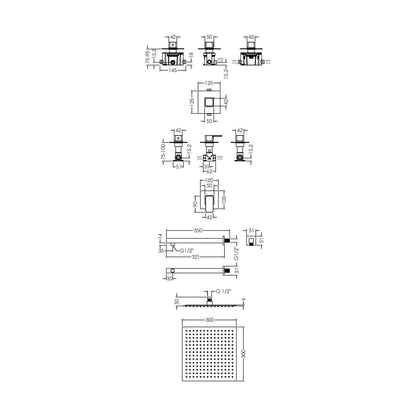 [BSB125ST1] 1 Outlet Luxury Shower Bundle - Stop Tap, Temperature Control, Arm & Head - Chrome - Technical Drawing