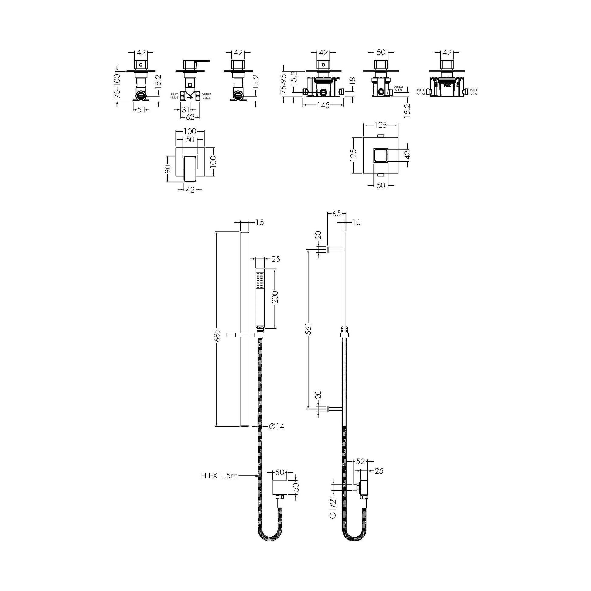 [BSB127ST1] 1 Outlet Luxury Shower Bundle - Stop Tap, Temperature Control & Slide Rail Kit - Chrome - Technical Drawing