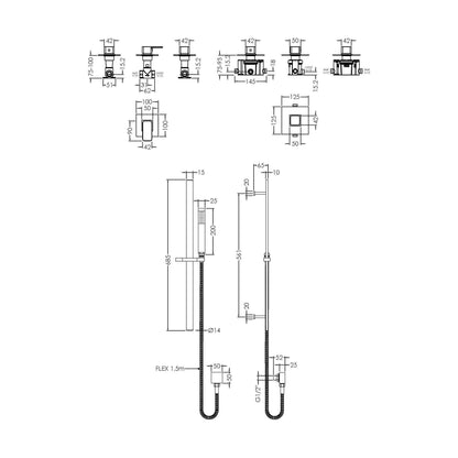 [BSB127ST1] 1 Outlet Luxury Shower Bundle - Stop Tap, Temperature Control & Slide Rail Kit - Chrome - Technical Drawing