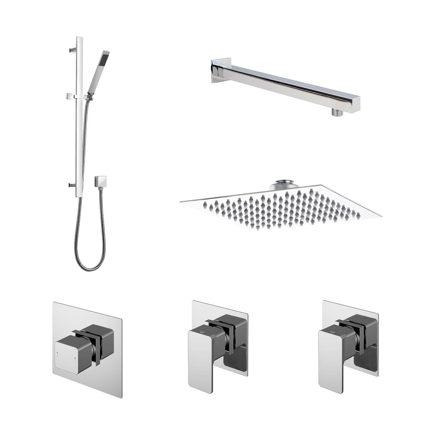 [BSB129ST2] 2 Outlet Concealed Valves Shower Bundle with Slide Rail Kit, Wall Mount Arm & Head - Chrome - Cutout