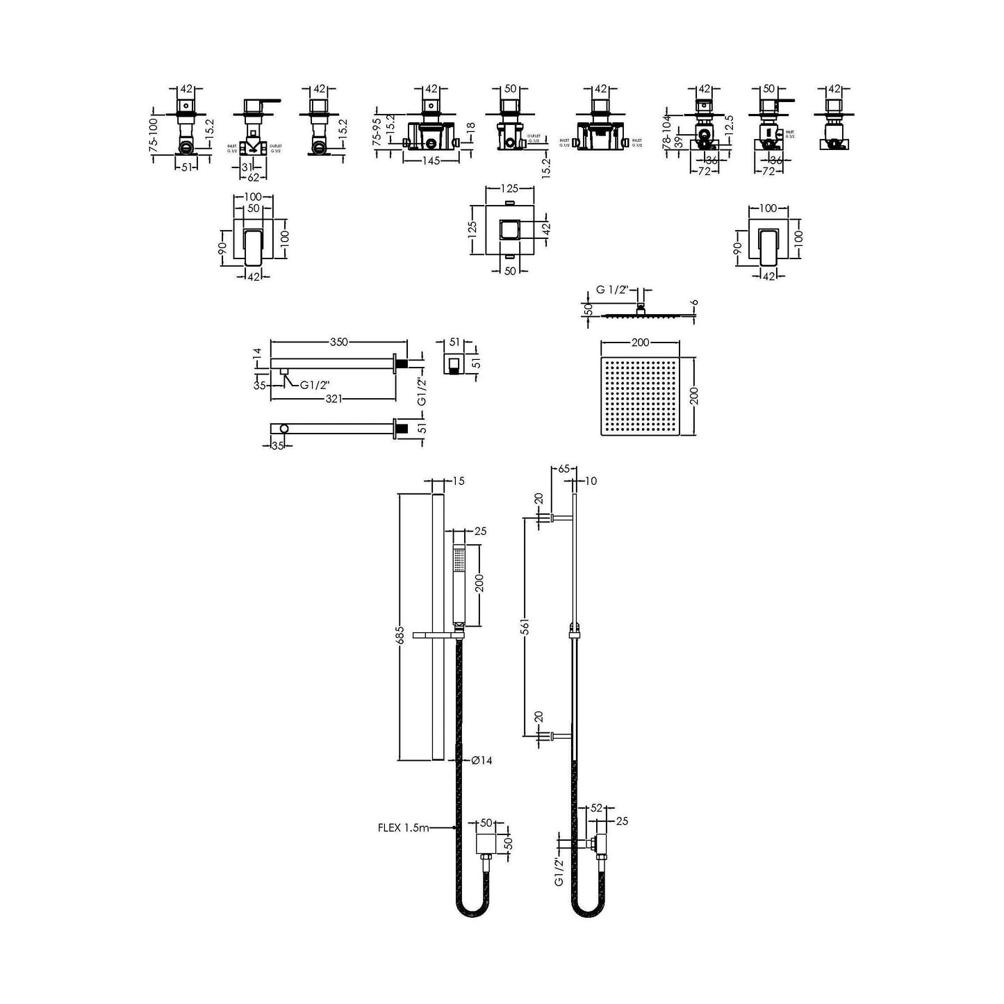 [BSB129ST2] 2 Outlet Concealed Valves Shower Bundle with Slide Rail Kit, Wall Mount Arm & Head - Chrome - Technical Drawing