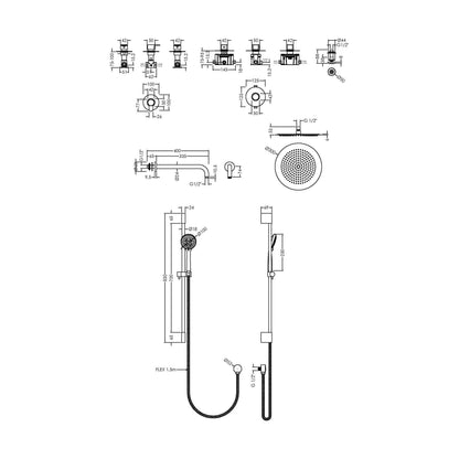 [BSB134ST3] 3 Outlet Concealed Valves Shower Bundle with Slide Rail Kit, Wall Mount Arm, Head & Body Jet- Chrome - Technical Drawing