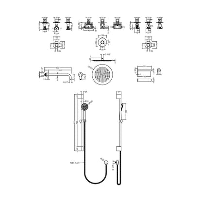 [BSB136ST3] 3 Outlet Concealed Valves Shower Bundle with Slide Rail Kit, Wall Mount Arm, Head & Bath Spout- Chrome - Technical Drawing