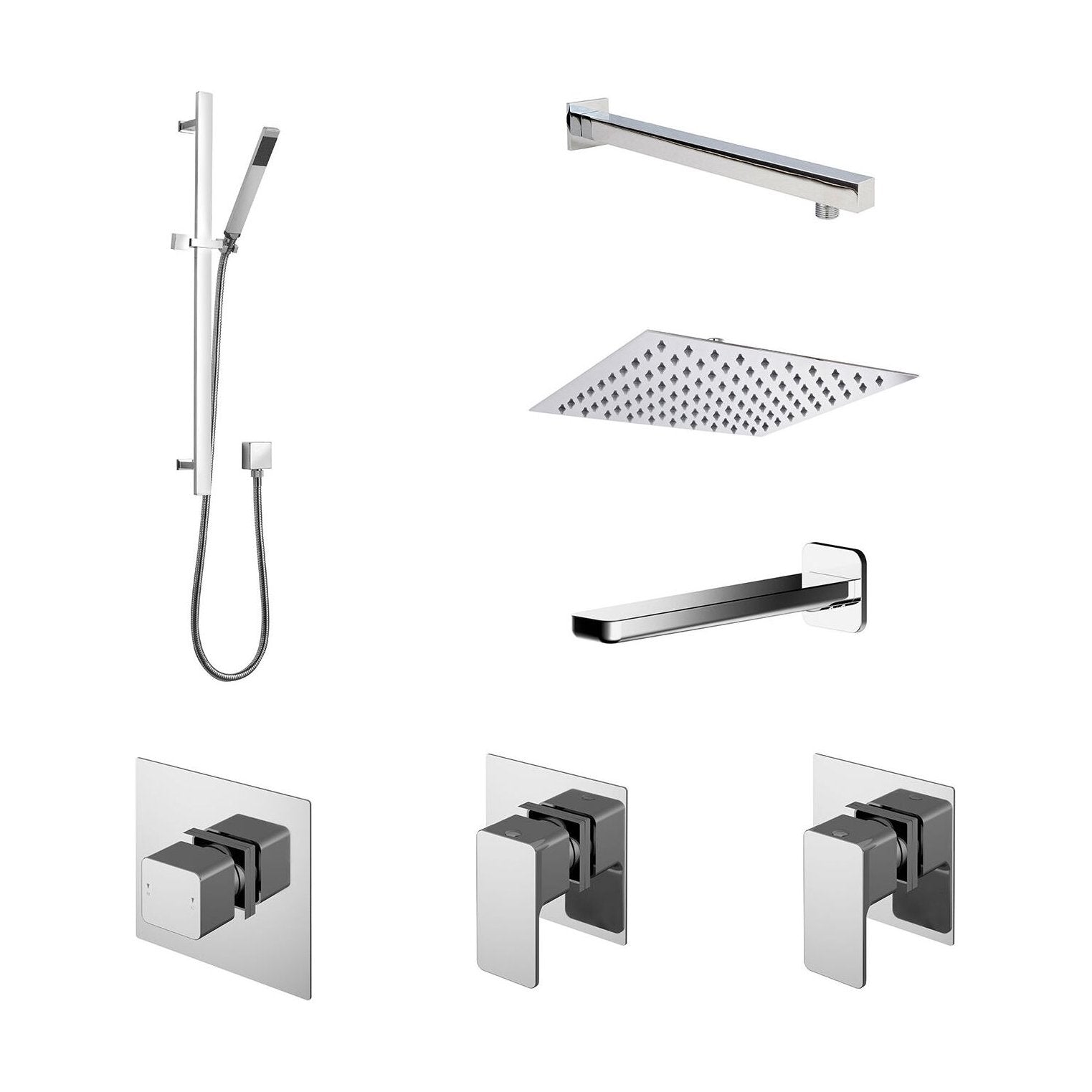 [BSB137ST3] 3 Outlet Concealed Valves Shower Bundle with Slide Rail Kit, Wall Mount Arm, Head & Bath Spout- Chrome - Cutout