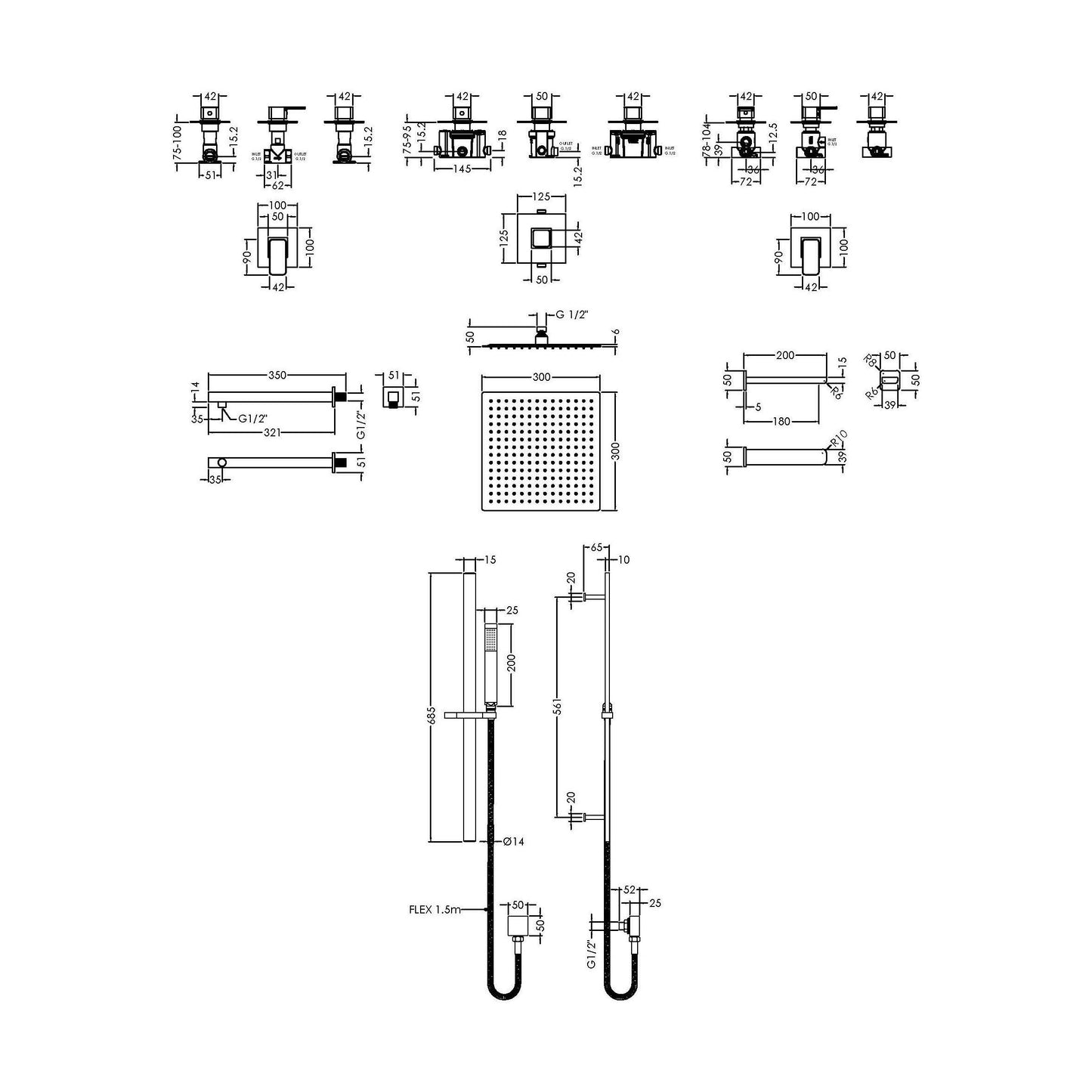 [BSB137ST3] 3 Outlet Concealed Valves Shower Bundle with Slide Rail Kit, Wall Mount Arm, Head & Bath Spout- Chrome - Technical Drawing