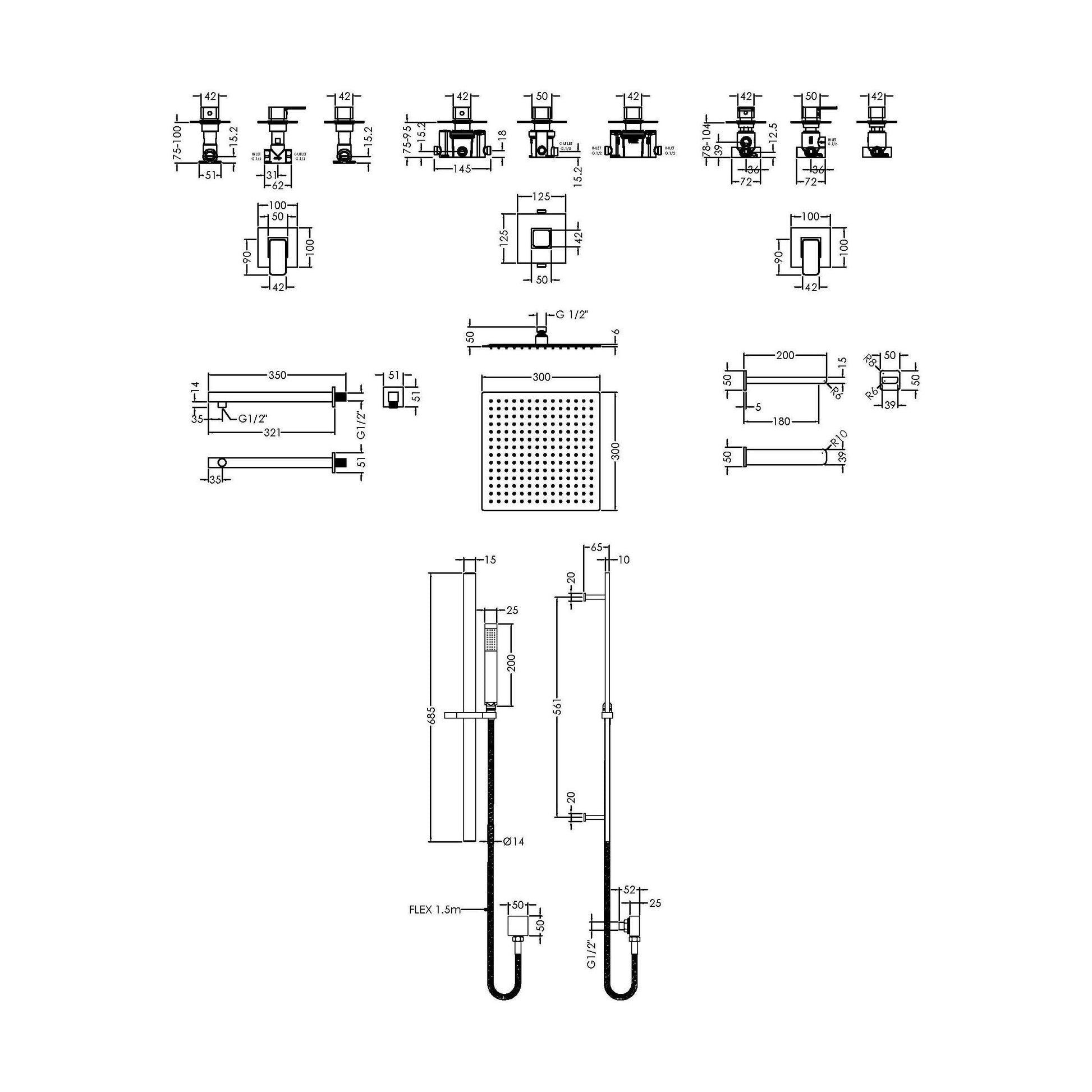 [BSB137ST3] 3 Outlet Concealed Valves Shower Bundle with Slide Rail Kit, Wall Mount Arm, Head & Bath Spout- Chrome - Technical Drawing