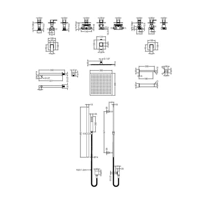 [BSB137ST3] 3 Outlet Concealed Valves Shower Bundle with Slide Rail Kit, Wall Mount Arm, Head & Bath Spout- Chrome - Technical Drawing
