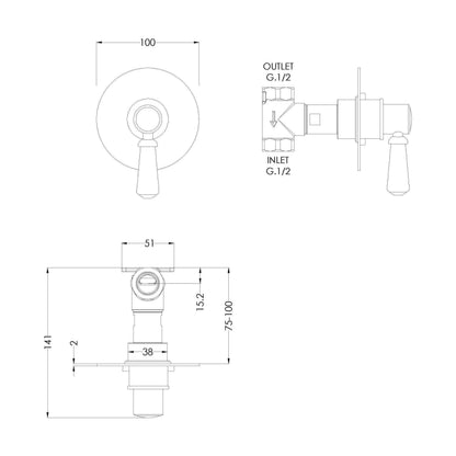 [BSBAST10] Traditional Concealed Thermostatic Shower Stop Tap - Chrome - Balterley - Technical Drawing