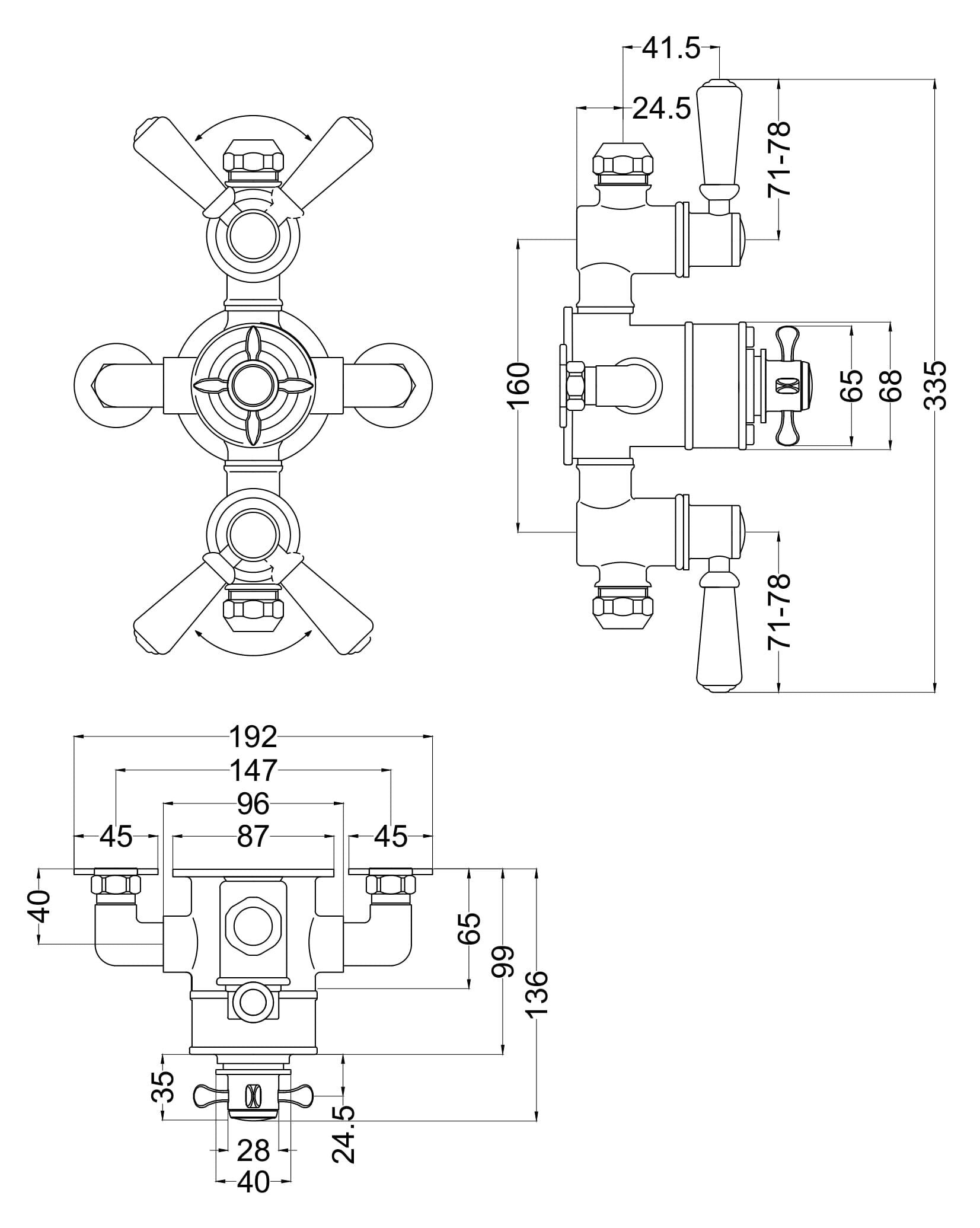 [BSBATR02E] Traditional Exposed Triple Thermostatic Shower Valve with 2 Outlets Durable Brass Construction, Polished Chrome Finish - Balterley - Technical Drawing