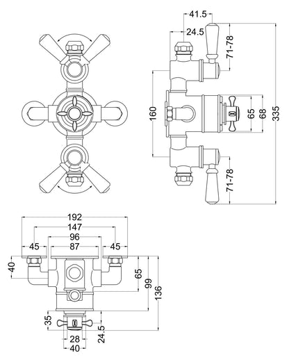 [BSBATR02E] Traditional Exposed Triple Thermostatic Shower Valve with 2 Outlets Durable Brass Construction, Polished Chrome Finish - Balterley - Technical Drawing