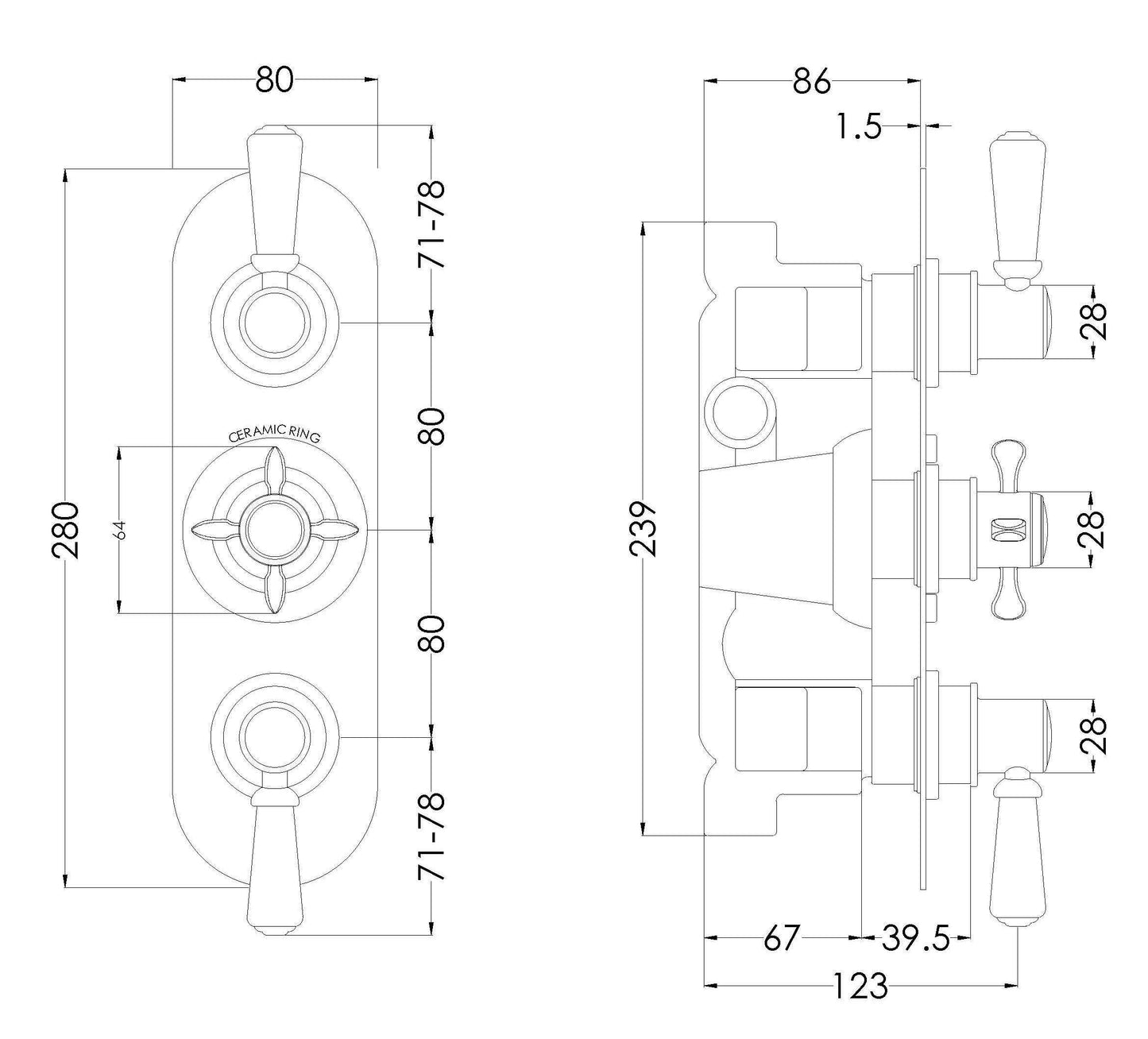 [BSBATR03] Traditional Concealed Triple Thermostatic Shower Valve with Diverter (3 Outlets) - Chrome - Balterley - Technical Drawing