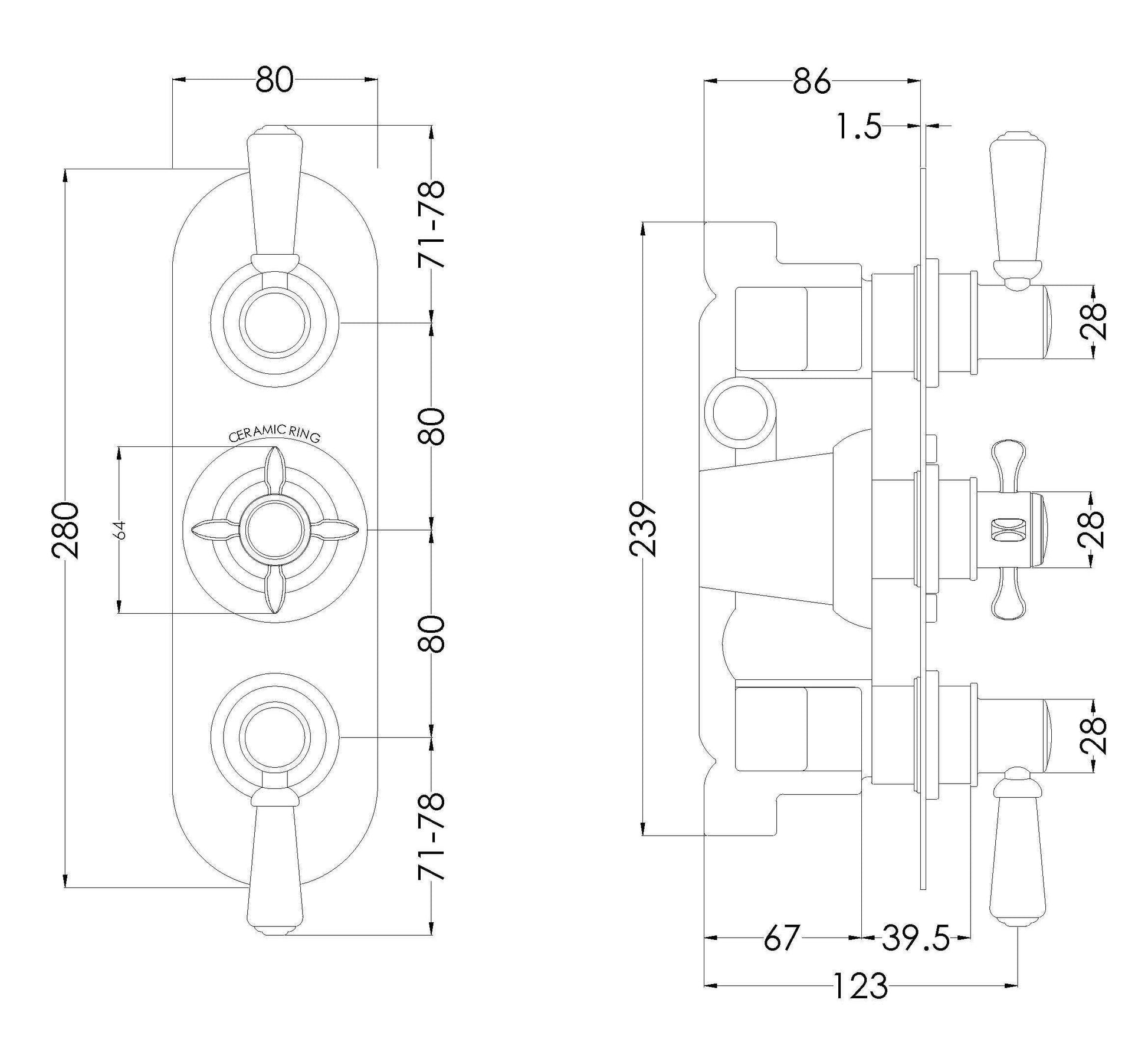 [BSBATR03] Traditional Concealed Triple Thermostatic Shower Valve with Diverter (3 Outlets) - Chrome - Balterley - Technical Drawing