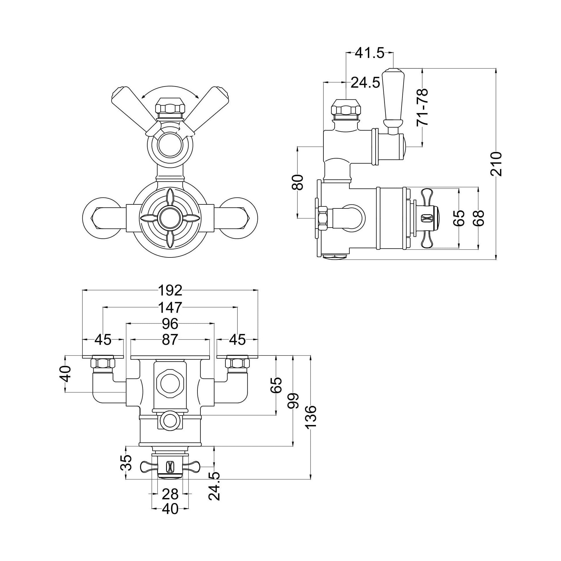 [BSBATW01E] Traditional Exposed Twin Thermostatic Shower Valve with Single Outlet, Durable Brass Body, Polished Chrome Finish - Balterley - Technical Drawing