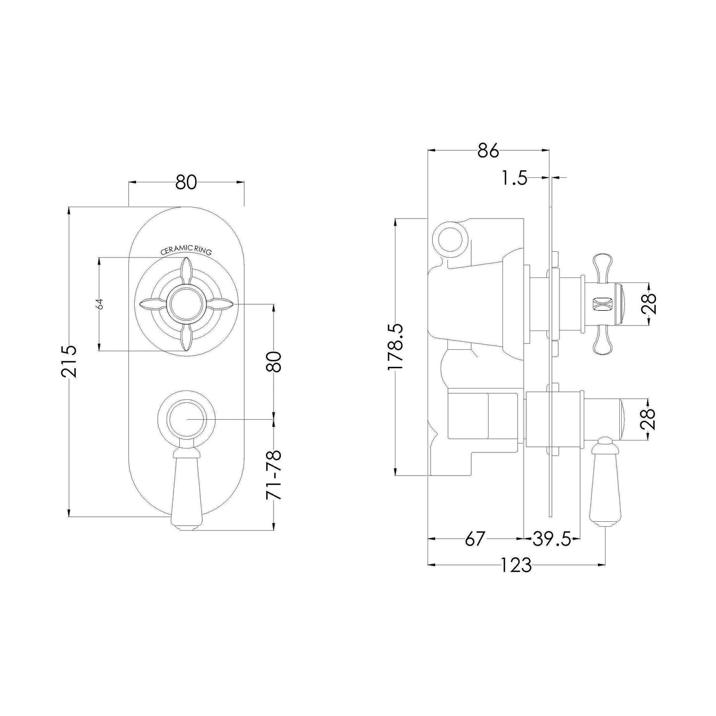 [BSBATW02] Traditional Concealed Twin Thermostatic Shower Valve with Diverter (2 Outlets) - Chrome - Balterley - Technical Drawing