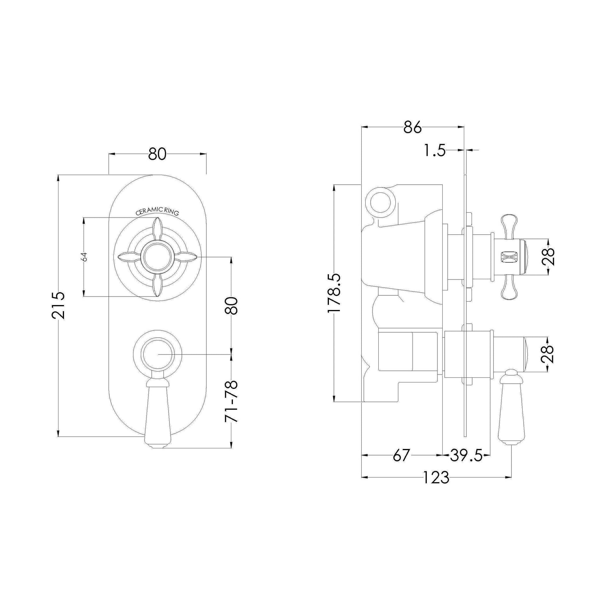 [BSBATW02] Traditional Concealed Twin Thermostatic Shower Valve with Diverter (2 Outlets) - Chrome - Balterley - Technical Drawing