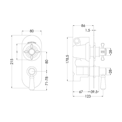 [BSBATW02] Traditional Concealed Twin Thermostatic Shower Valve with Diverter (2 Outlets) - Chrome - Balterley - Technical Drawing