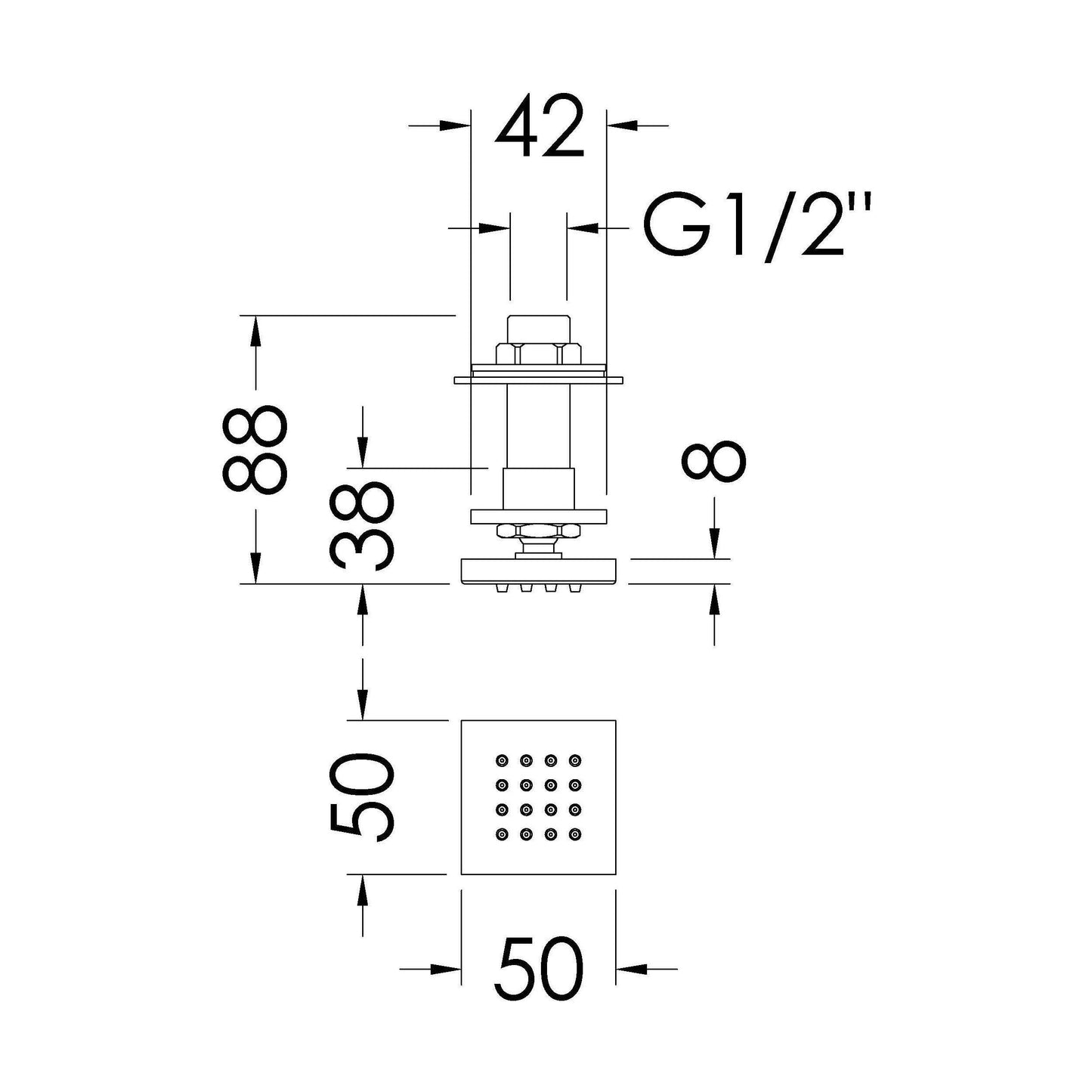 [BSBJ354] Shower Accessories Modern Square Body Jet - Chrome - Technical Drawing