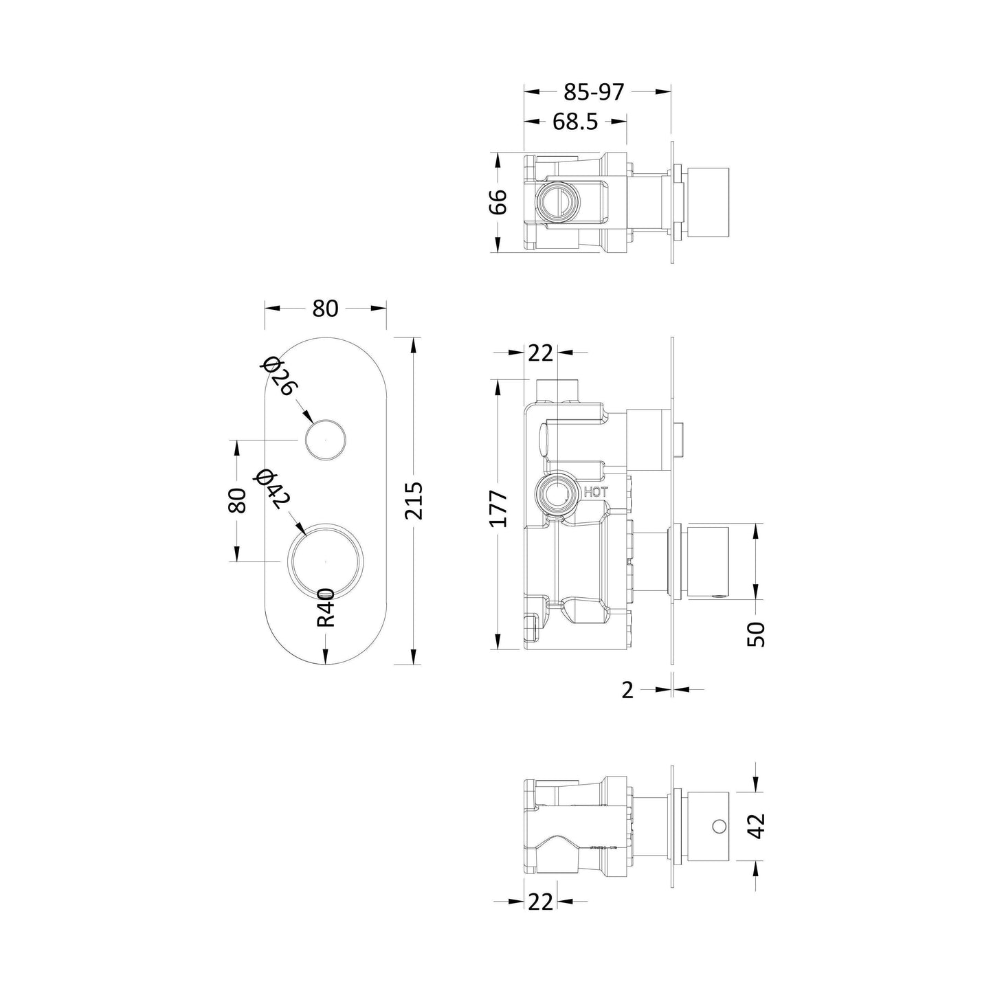 [BSBR10TW1] Shower Bundle Concealed Round Push 1 Button Valve & Multi Function Handset Slide Rail Kit - Chrome Balterley - Technical Drawing