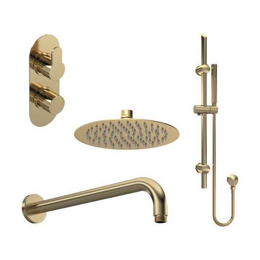 [BSBR86TW2] Balterley Pride Modern Round 2 Outlet Shower Valve, Head, Wall Arm and Slide Rail Handset Bundle - Brushed Brass - Cutout