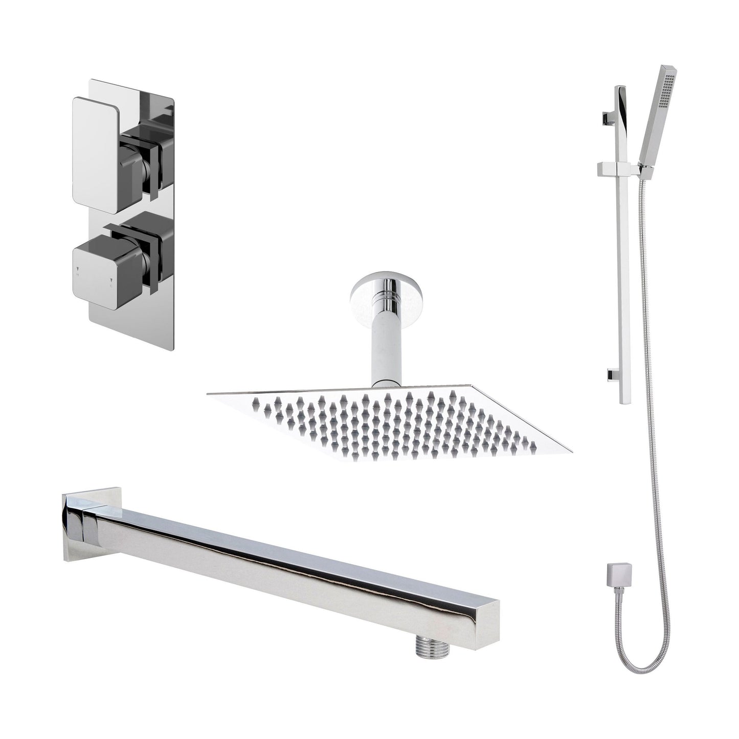 [BSBS06TW2] Balterley Empire Modern Square 2 Outlet Shower Valve, Head, Wall Arm and Slide Rail Handset Bundle - Chrome - Cutout