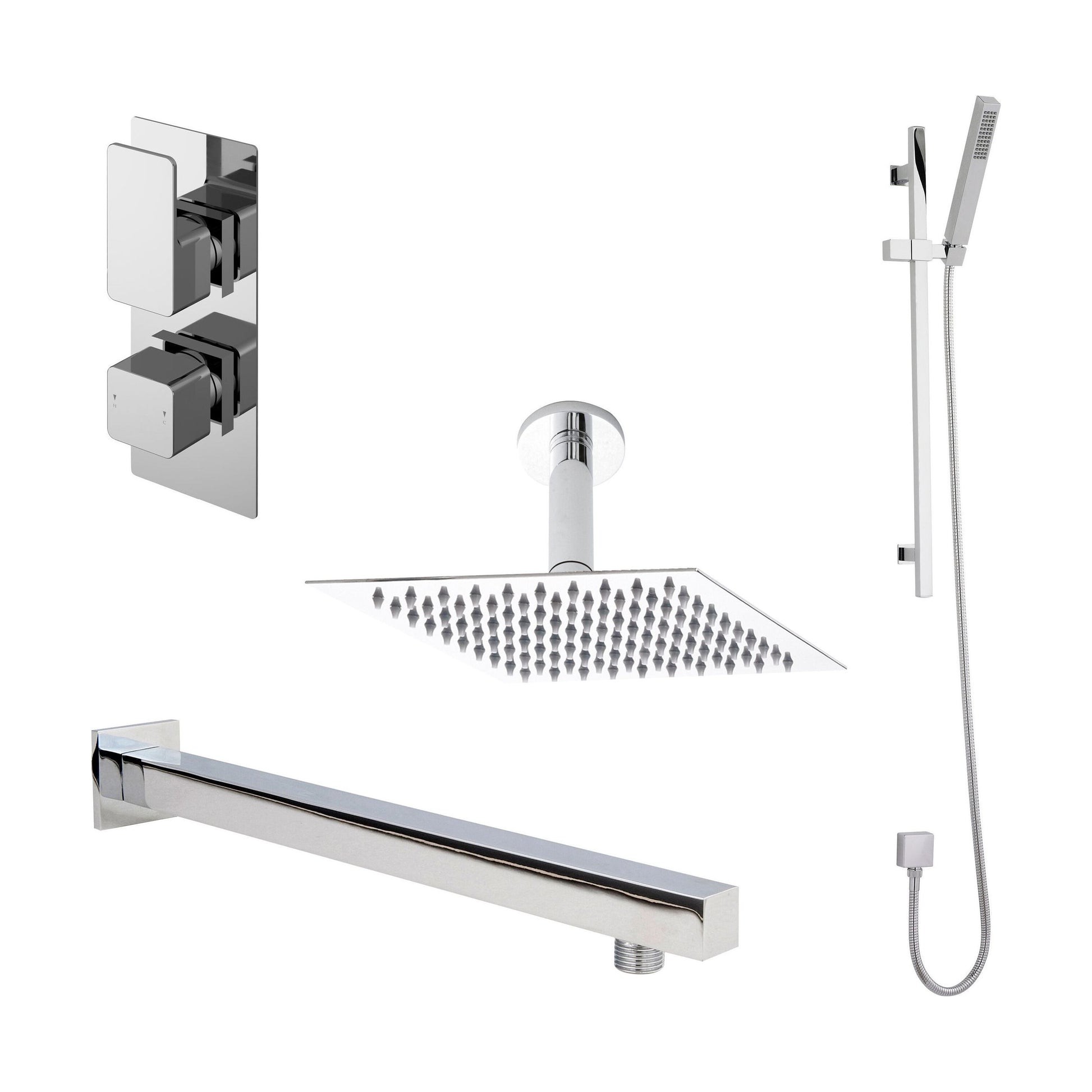 [BSBS06TW2] Balterley Empire Modern Square 2 Outlet Shower Valve, Head, Wall Arm and Slide Rail Handset Bundle - Chrome - Cutout