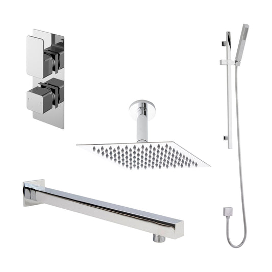 [BSBS06TW2] Balterley Empire Modern Square 2 Outlet Shower Valve, Head, Wall Arm and Slide Rail Handset Bundle - Chrome - Cutout