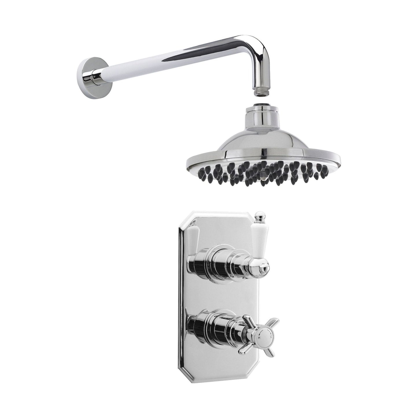 [BSBT57TW1] Traditional Concealed Twin Victorian Valve with Head & Arm Shower Set - Chrome/White - Balterley - Cutout