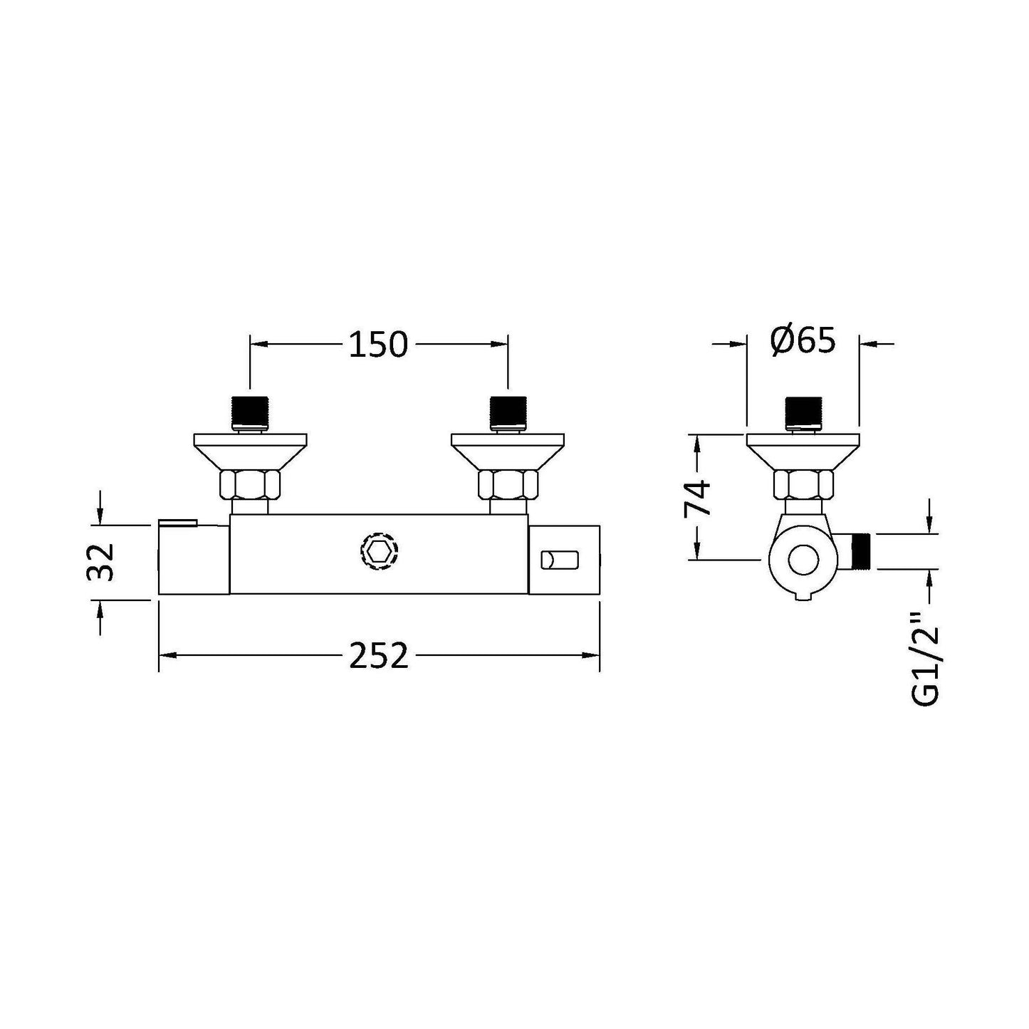 [BSBV008] Minimalist Round Bar Shower Valve - Chrome - Technical Drawing