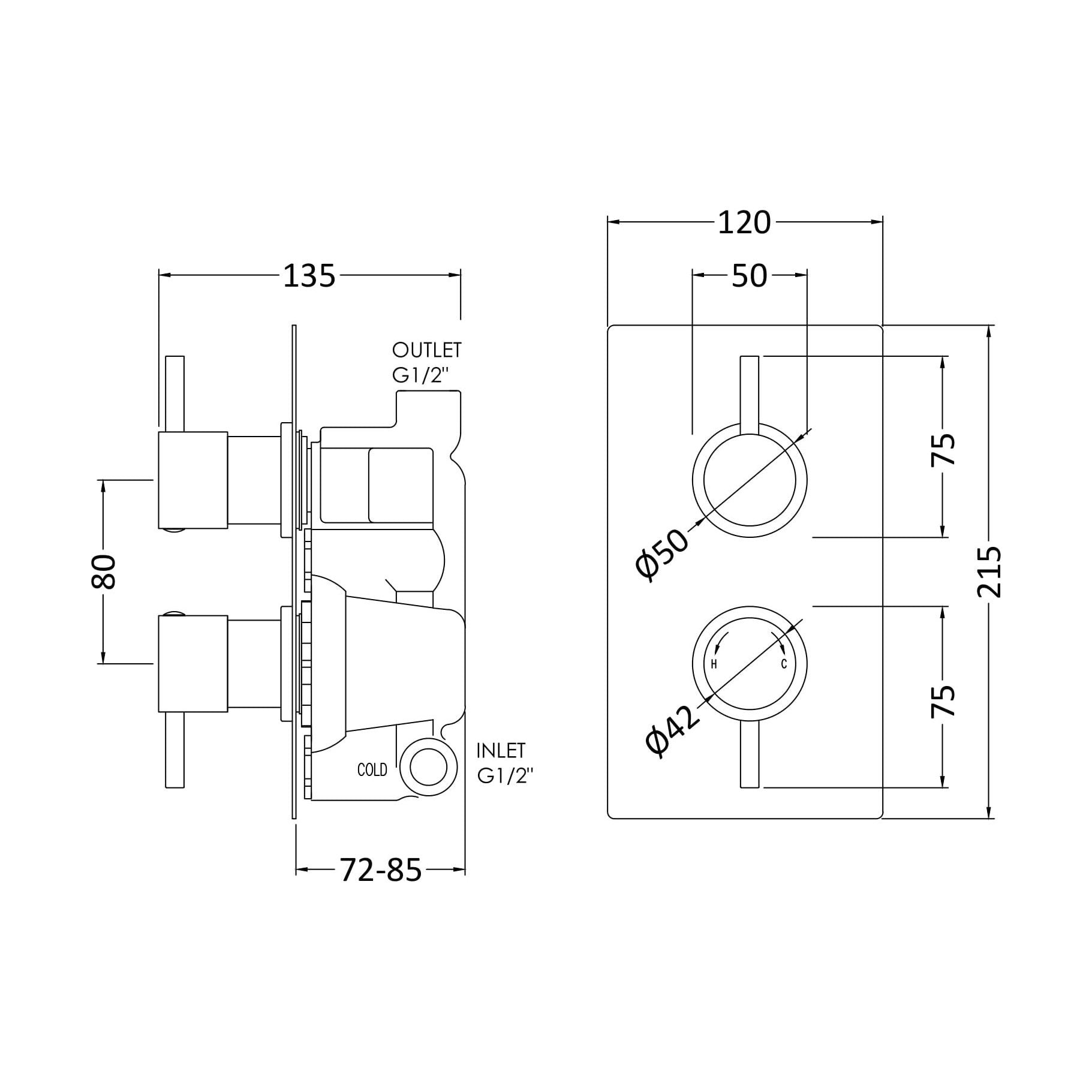 [BSCA051] Round Concealed Twin Thermostatic Shower Valve (1 Outlet) - Chrome - Technical Drawing