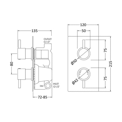 [BSCA051] Round Concealed Twin Thermostatic Shower Valve (1 Outlet) - Chrome - Technical Drawing