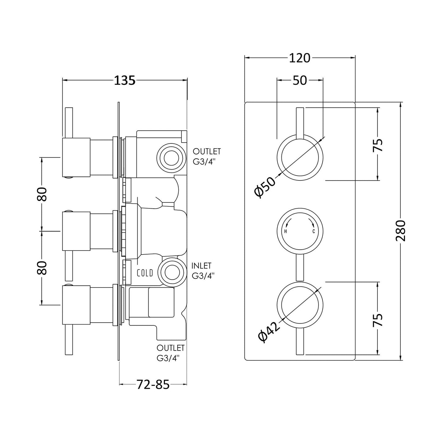 [BSCA056] Round Triple Thermostatic Shower Valve With Diverter (3 Outlets) - Chrome - Balterley - Technical Drawing