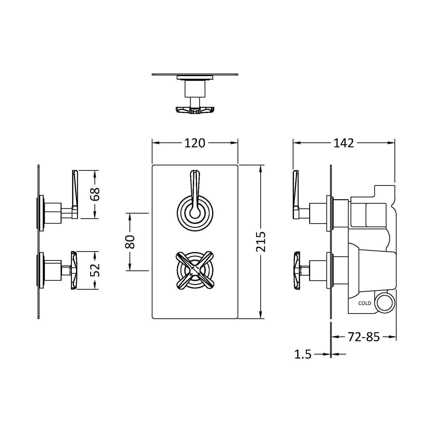 [BSCN3207L] Levedale Twin Concealed Crosshead Thermostatic Shower Valve with Diverter (2 Outlets) - Technical Drawing